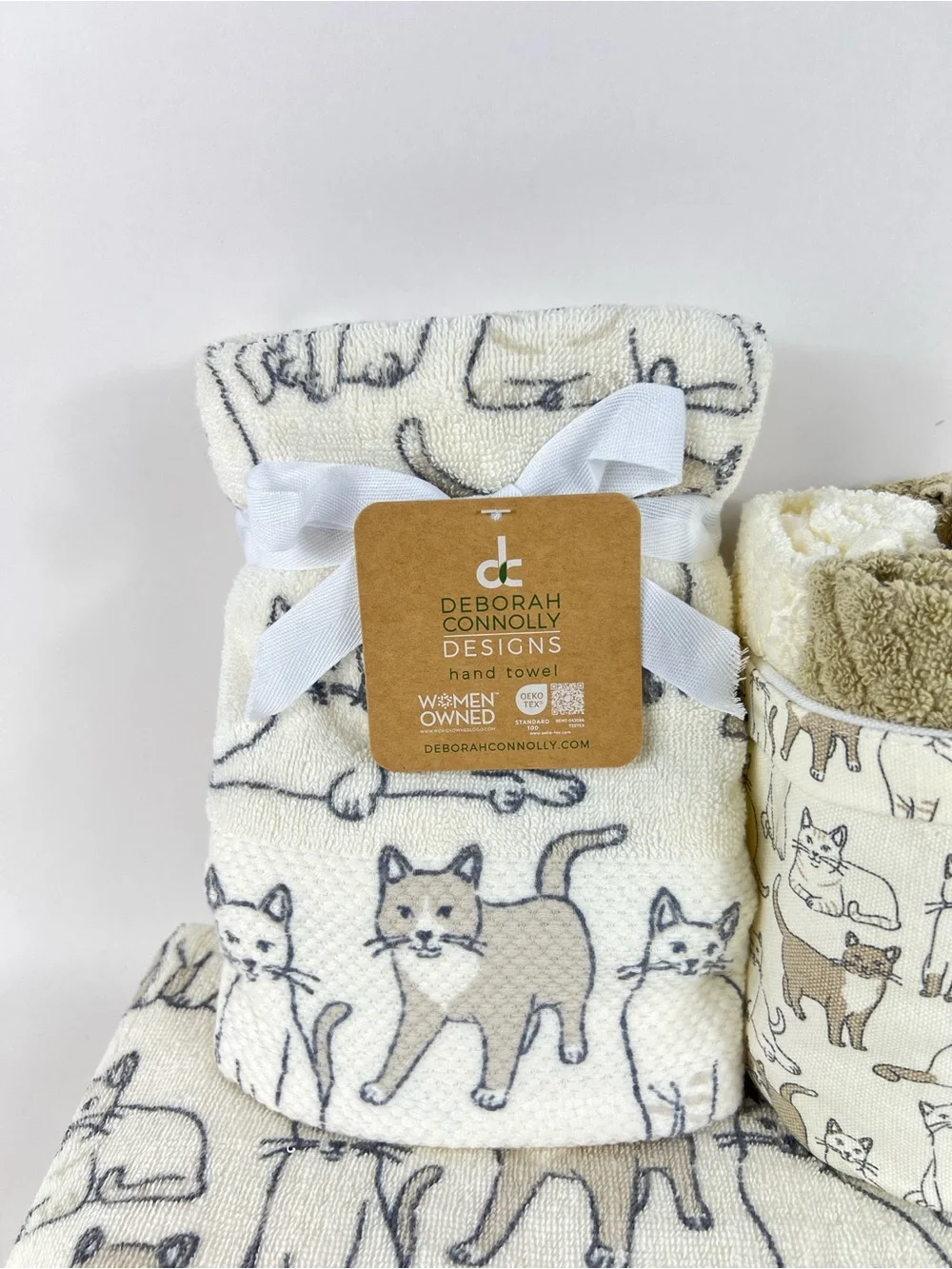 Deborah Connolly Bath Towel Set Cat Print Cream Tan Gray Cotton Blend 11 Pc NEW